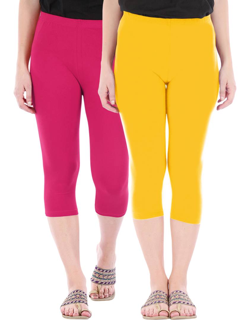 Stunning Cotton Blend Solid Skinny Fit Capris Leggings For Women And Girls - Pack Of 2